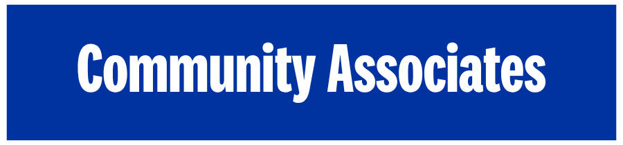 "Community Associates" written in white on a blue background